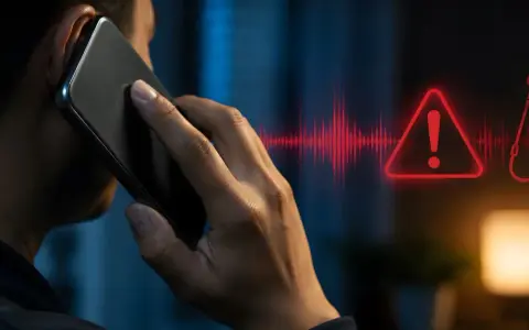 Mann telefoniert, während Warnsymbole und ein Haken auf dem Bildschirm erscheinen. Beispiele für Vishing, bei denen Betrüger versuchen, per Telefon an Daten zu gelangen.