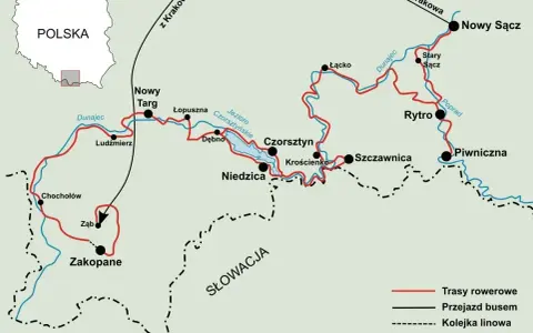 Mapa tras rowerowych wzdłuż Dunajca, od Zakopanego po Nowy Sącz, z zaznaczonymi miejscowościami i jeziorami.