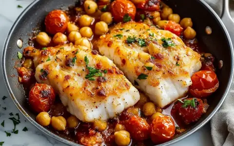 Två saftiga filéer av torsk i ugn, serverade med körsbärstomater och kikärtor i en smakrik sås.
