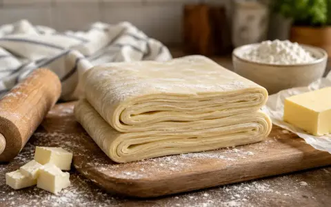 Warstwy ciasta francuskiego bezglutenowego na desce, obok wałek, masło i mąka.