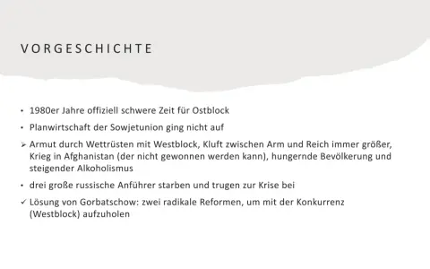 Vorgeschichte: 1980er schwere Zeit für Ostblock, Planwirtschaft scheiterte. Gorbatschows Reformen (Perestroika Bedeutung) sollten Konkurrenz aufholen.
