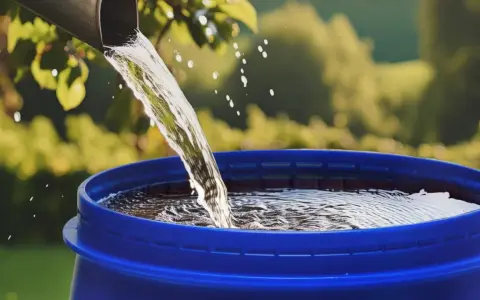 Un tubo gris vierte agua clara en un barril azul, demostrando cómo canalizar agua de lluvia para su reutilización.