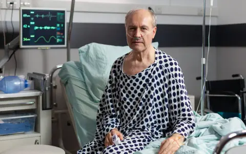 Starszy mężczyzna w szpitalnym łóżku, z tlenem w nosie, walczy z ostrą białaczką szpikową. Monitor pokazuje jego parametry życiowe.