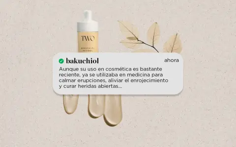 Gotero con sérum de bakuchiol. El texto indica que el bakuchiol con que no mezclar es importante para su uso en cosmética.