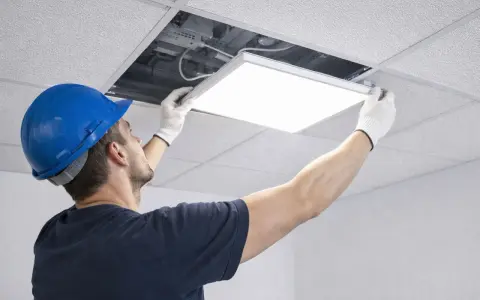 Un ouvrier installe une dalle LED design dans un faux plafond.