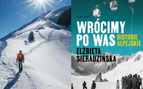 Alpinista wspina się na najwyższy szczyt Alp, a obok okładka książki "Wróciły po Was. Historie alpejskie".