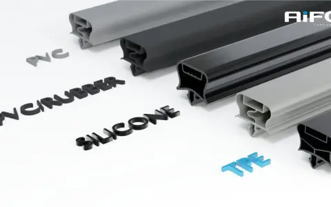Próbki profili z różnych materiałów: PVC, PVC/RUBBER, SILICONE i TPE.