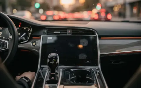 Interno di un'auto moderna, con cambio automatico e schermo touch. La mano del guidatore è sul cambio, pronto per un viaggio in **auto hold golf**.