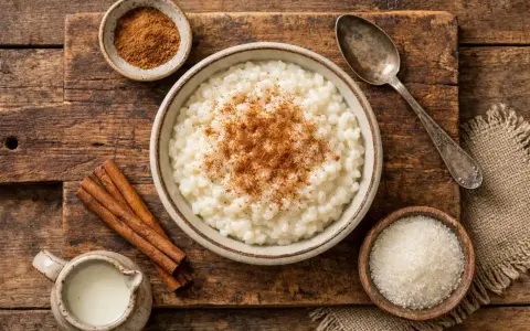 Cremiger Milchreis mit Zimt, Zucker und Zimtstangen. Ist Milchreis gesund? Mit wenig Zucker und Vollkornreis ja!