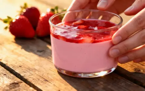 Délicieux panna cotta fraise, onctueux et fruité, servi dans un verre sur une table en bois. Des fraises fraîches sont disposées à côté.