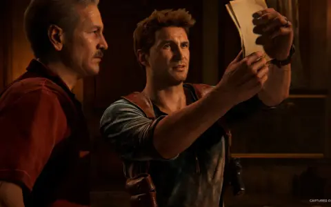 Nathan Drake i jego ojciec badają starą mapę, szukając wskazówek do skarbu. To kluczowy moment w Uncharted 5.