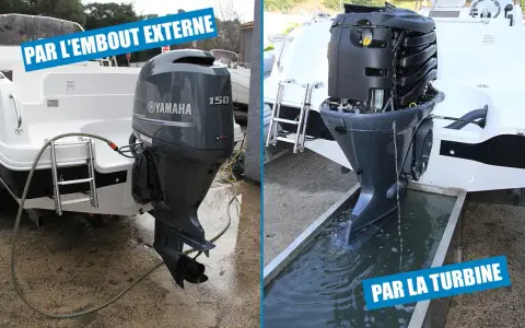 Comment rincer moteur hors-bord avec oreilles : une méthode par l'embout externe, l'autre par la turbine.