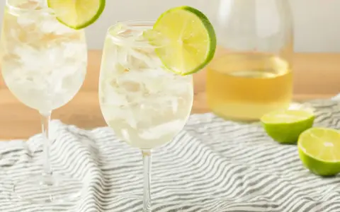 Orzeźwiający szprycer co to? Dwa kieliszki białego wina z lodem i plasterkiem limonki, obok butelka wina i połówki limonki.