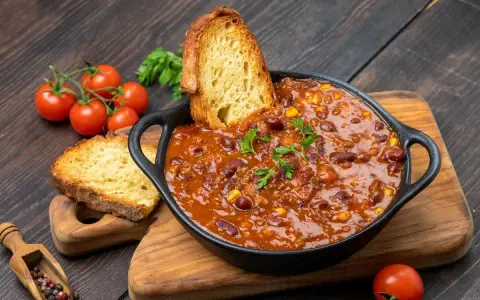 Pyszne chili con carne z fasolą i kukurydzą, podane z grzankami. Idealny przepis na zdrowy obiad, który rozgrzeje i nasyci.
