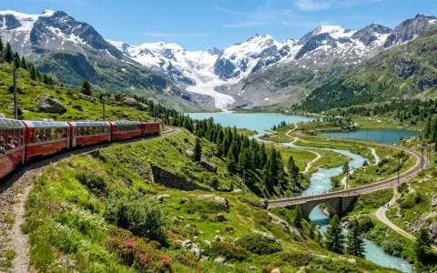 Il trenino del Bernina percorre un paesaggio alpino mozzafiato, con laghi turchesi, montagne innevate e verdi pendii fioriti.