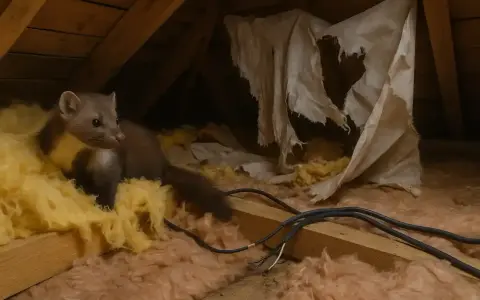 Kuna na poddaszu, wśród wełny mineralnej i zniszczonej tkaniny, szuka schronienia.