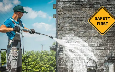 Man demonstrates how to use a pressure washer on a brick wall, with a "Safety First" sign visible.