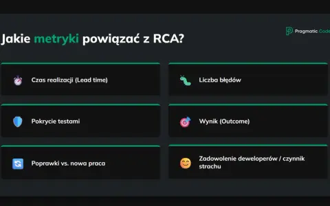 Metryki RCA: czas realizacji, liczba błędów, pokrycie testami, wynik, poprawki vs. nowa praca, zadowolenie deweloperów.