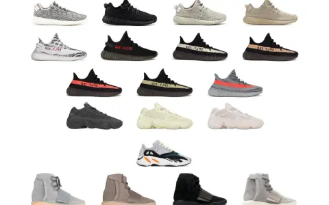 Eine Sammlung von all yeezy models in verschiedenen Farben und Stilen, von Boost 350 bis zu den klobigeren Modellen.