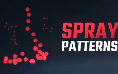 Czerwone kropki tworzą wzory, jakby po strzałach z AK-47. Napis "SPRAY PATTERNS" sugeruje analizę rozrzutu.