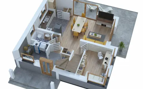 Wizualizacja projektu domu 70m2: kuchnia, łazienka, salon z jadalnią, gabinet i taras.