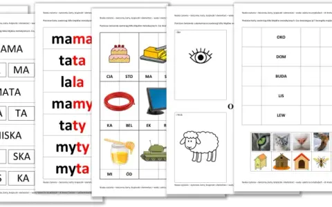 Obrazki do nauki mowy do druku: karty z literami, obrazkami i słowami do ćwiczeń czytania i mówienia.