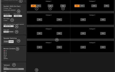 Interfejs Focusrite Control z ustawieniami dla Scarlett 18i20. Widoczne przyciski LINE, INST, AIR i PAD dla wejść analogowych.