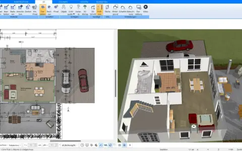 Ein 3D-Grundriss zeigt ein Haus mit Wohnzimmer, Küche, Bad und Diele. Der schlafzimmer grundriss ist Teil des Erdgeschosses.