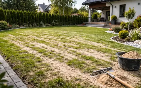 Piaskowanie trawnika w ogrodzie. Grabie i wiadro z piaskiem czekają na pracę.
