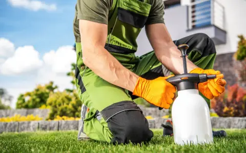 Jardinero con guantes naranjas prepara un pulverizador, buscando alternativas al glifosato para un cuidado ecológico del césped.