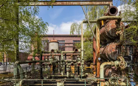 Verrostete Rohre und Apparate der Kokerei Hansa, ein Lost Place, umgeben von jungen Bäumen.