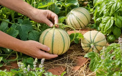 Mains récoltent des melons mûrs dans une plantation. Les fruits sont sur le sol, entourés de feuilles vertes et de pailles.