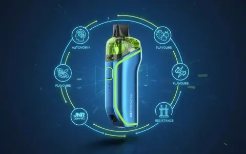 Vape azul y verde con iconos de sabores, autonomía y resistencia. Un dispositivo para disfrutar de tu squonk favorito.