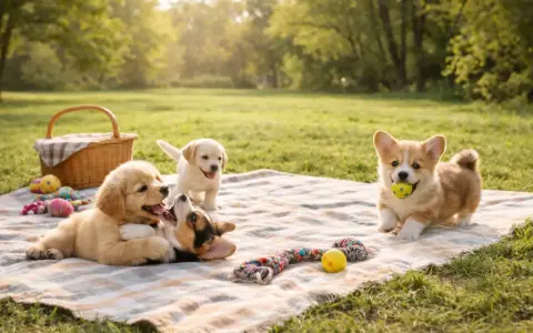 Szukasz imion dla psa chłopaka? Trzy urocze szczenięta, corgi, golden retriever i labrador, bawią się na pikniku.