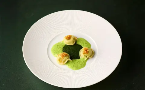 Ammolite speisekarte: Drei grüne Ravioli mit goldbrauner Kruste auf einer leuchtend grünen Sauce, angerichtet auf einem weißen Teller.