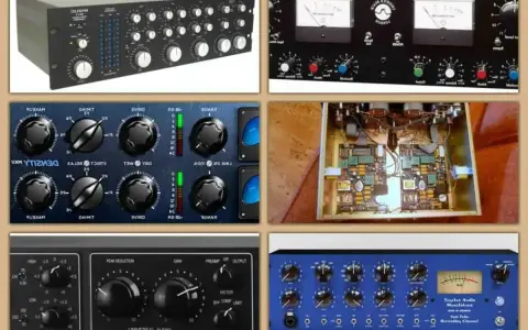 Różne urządzenia audio, w tym multiband compressor, z gałkami i wskaźnikami.