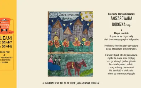 Ilustracja do wiersza Gałczyńskiego "Zaczarowana dorożka". Widać dorożkę z parą, nocne miasto i księżyc.