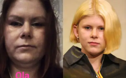 Dwie twarze: po lewej Ola, po prawej młoda Aleksandra Gietner z blond włosami.