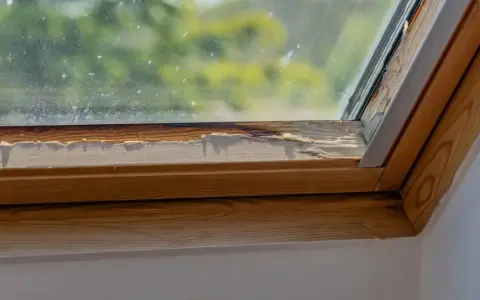Damaged wooden frame of a skylight showing signs of water damage, indicating a need for skylight leak repair.