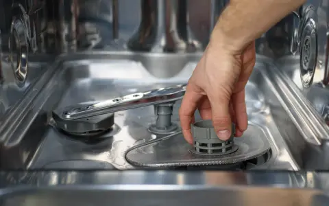 Main d'homme retirant le filtre du lave-vaisselle, une étape avant le nettoyage avec de l'acide citrique.