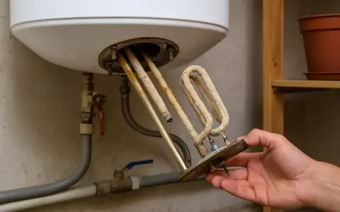 Main d'un homme tenant une résistance de chauffe-eau entartrée par le calcaire. L'eau chaude ou froide peut causer ce problème.
