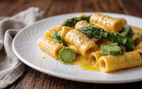 Rigatoni cremosi con asparagi freschi, un'interpretazione primaverile della carbonara di asparagi.