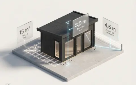En illustration som visar en friggebod med mått för att bygga redskapsbod: max 15 m² total yta, 3 m nockhöjd och 4,5 m avstånd till tomtgräns.