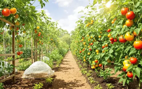 Rangées de plants de tomate roma sans tuteur, chargés de fruits rouges et jaunes, sous un soleil éclatant.