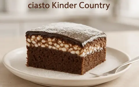 Pyszne ciasto Kinder Country z czekoladowym biszkoptem, kremem i polewą. Idealne na deser!