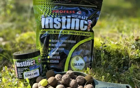 Profesjonalne kulki na karpia Instinct Umami w słoiczku i opakowaniu. Na łopatce widoczne są gotowe do użycia kulki proteinowe.