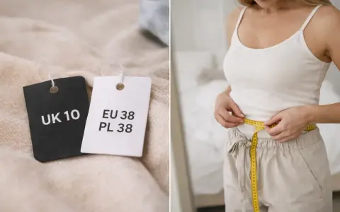 Metka z rozmiarem UK 10 i EU 38 obok kobiety mierzącej talię.