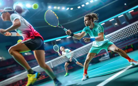Tennisspelare i aktion på en blå bana. En man i turkos tröja och shorts slår bollen, medan en kvinna i rosa och vit tröja förbereder sig. Kanske undrar du vad betyder ATP? Det är en organisation för professionella manliga tennisspelare.