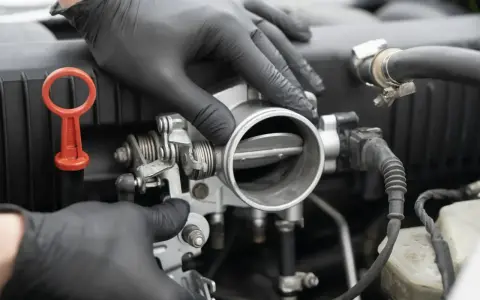 Mechanik w czarnych rękawiczkach sprawdza przepustnicę. Objawy uszkodzonego czujnika położenia przepustnicy mogą być różne.