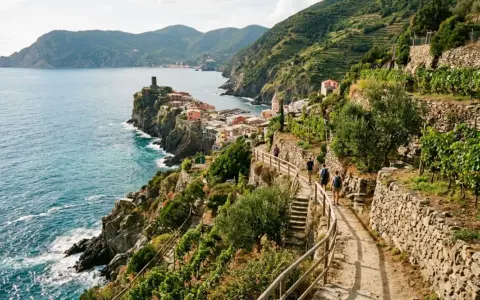 Sentiero panoramico tra i vigneti delle Cinque Terre, con vista sul mare blu e sui colorati borghi aggrappati alla scogliera.